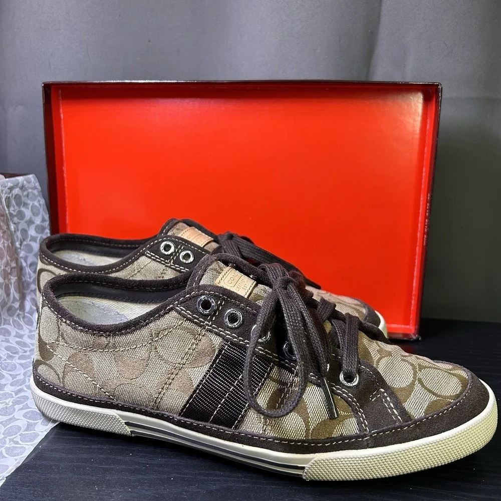 Coach Brad FS12CM SIG C Sneakers Men's Sz 8 Khaki Chestnut Jacquard Canvas Seude